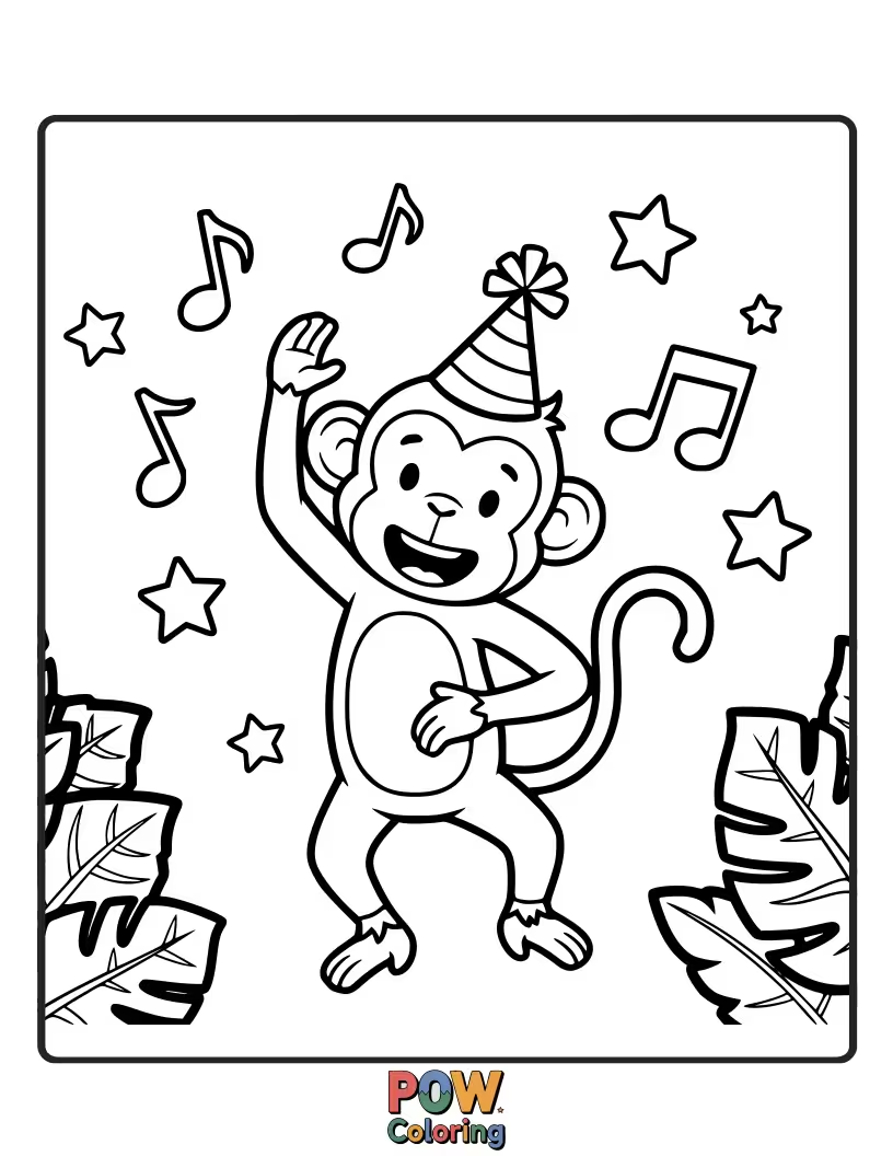 Free coloring page of A joyful monkey leaps and twirls with abandon amidst dancing leaves and colorful butterflies. Capture the pure energy of fun.