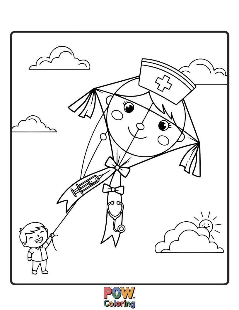 Free coloring page of A joyful nurse flying a kite-shaped stethoscope, bringing lightness and cheer to her patients' recovery.