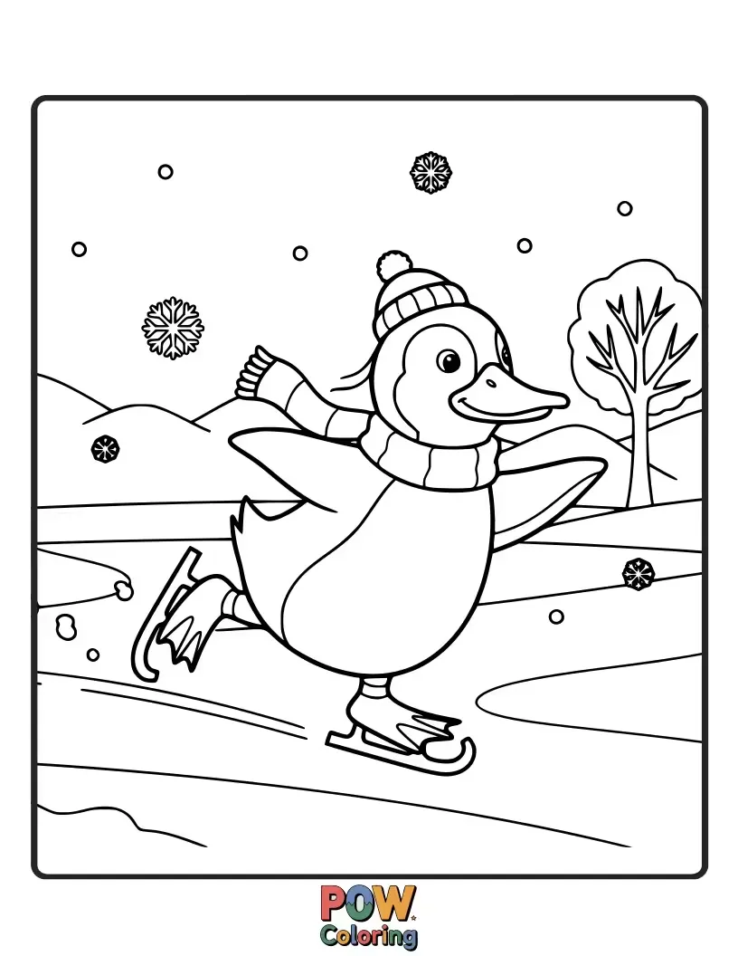 Free coloring page of A funny duck dressed as a penguin, waddling and sliding on an icy surface.