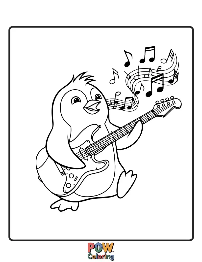 Free coloring page of A dapper penguin strumming a miniature guitar with a joyful expression and a tiny hat.