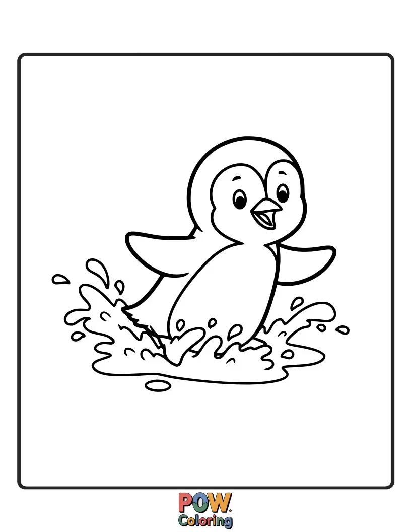 Free coloring page of A happy penguin diving into water, ideal for coloring practice and introducing arctic marine life.