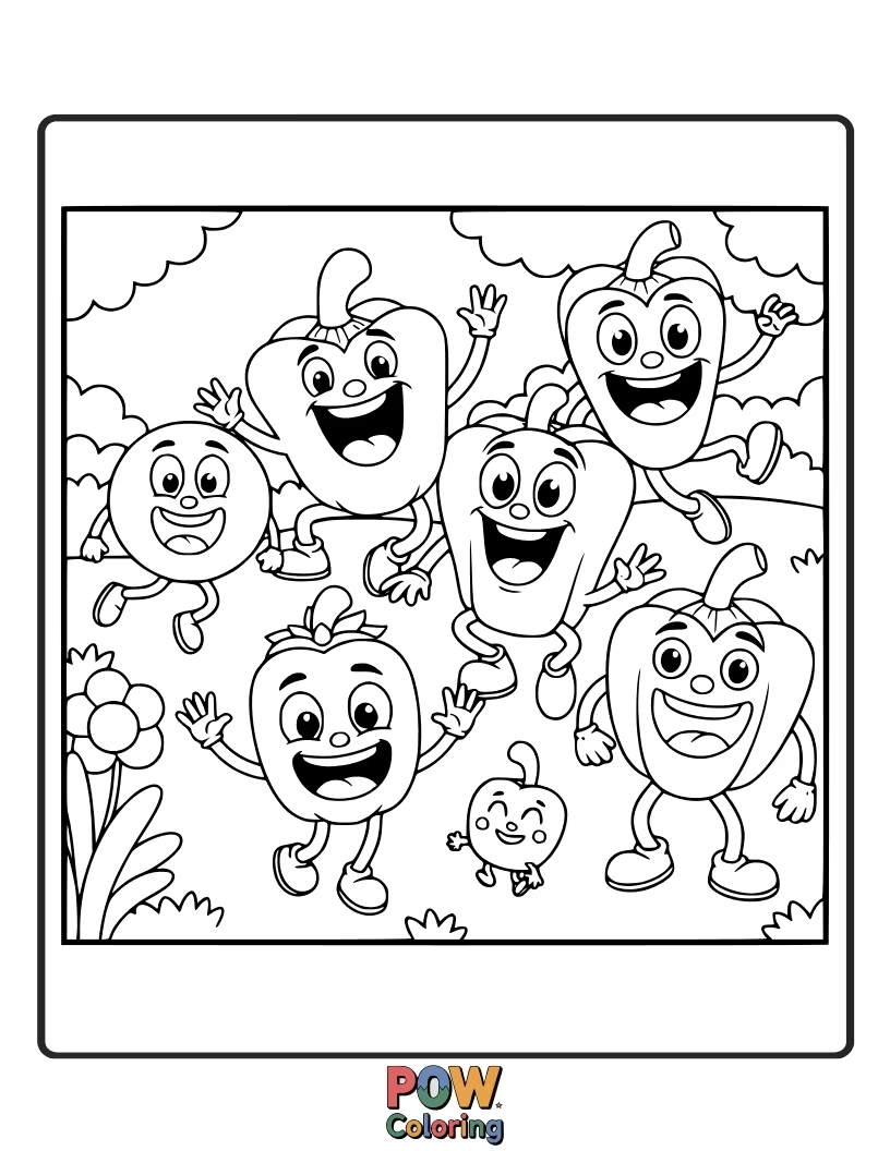 Free coloring page of A lively group of bell peppers in different colors, playing a game of tag in a sunny garden.