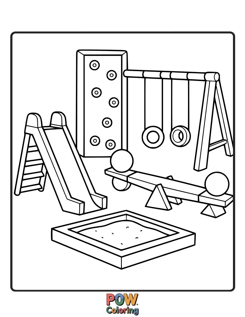 Free coloring page of Color playground equipment like swings and slides, each designed with simple geometric shapes, making active play educational.