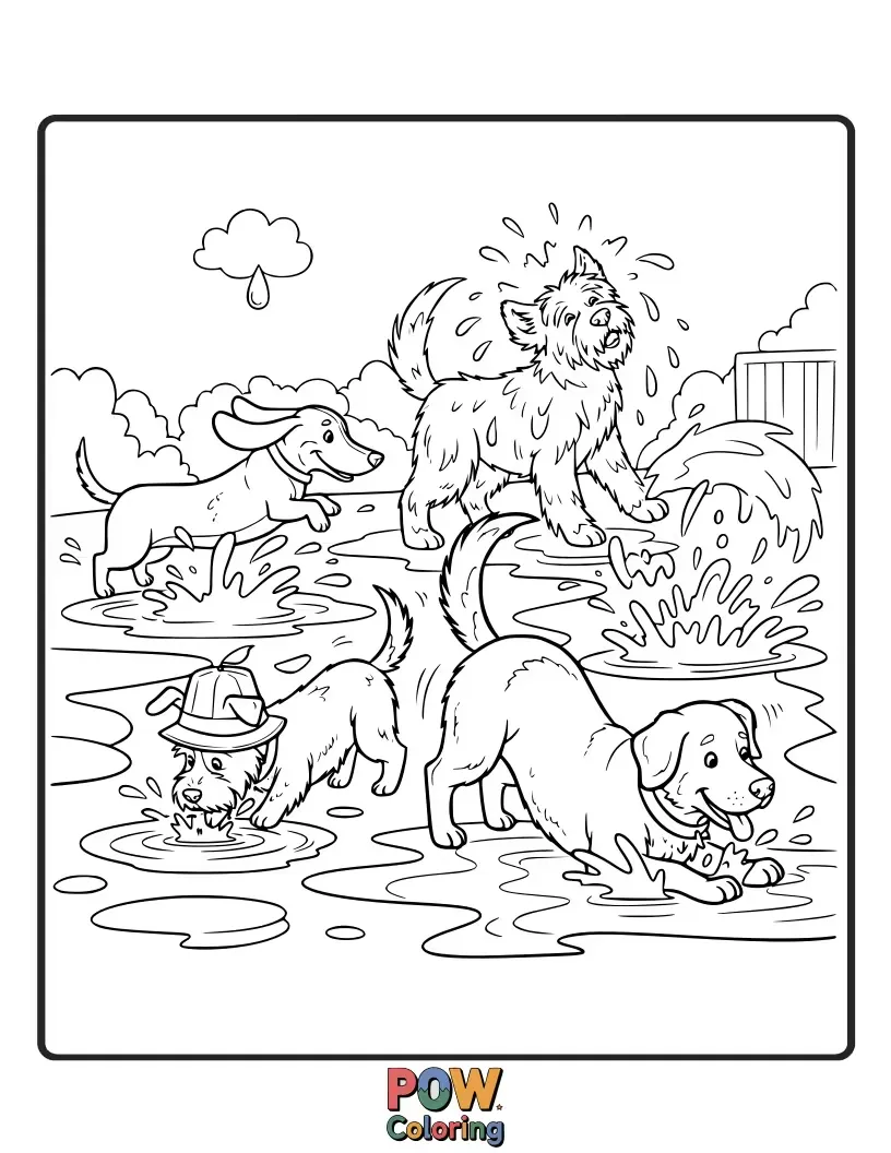 Free coloring page of Energetic dogs gleefully splashing in puddles after a rain shower, with water droplets and happy expressions to color.