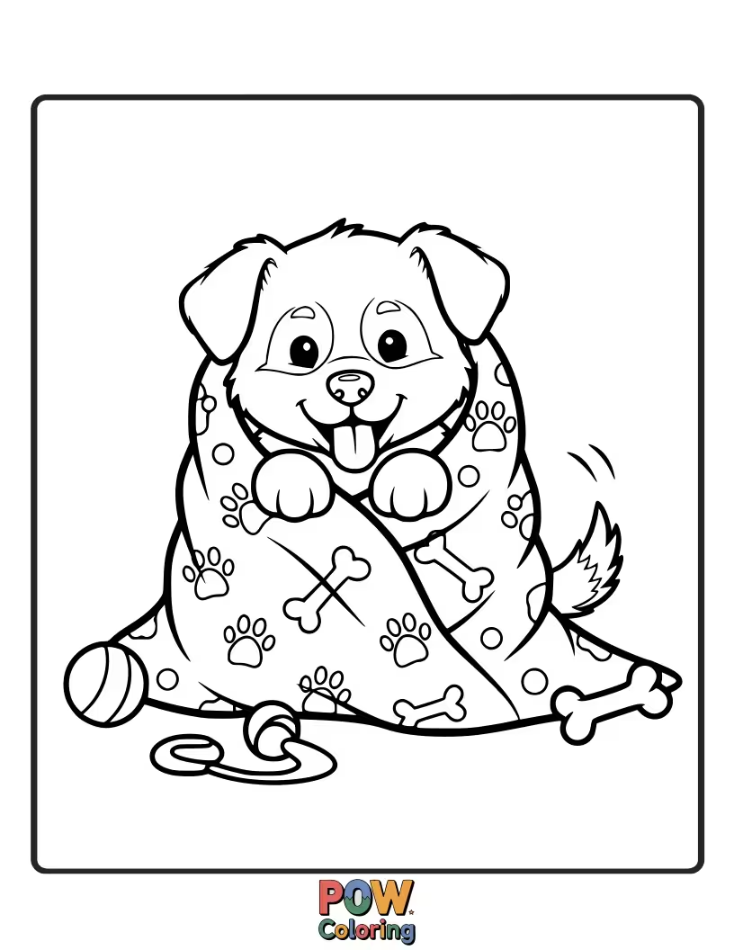 Free coloring page of A happy, wagging puppy peeking out from under a warm, textured blanket.