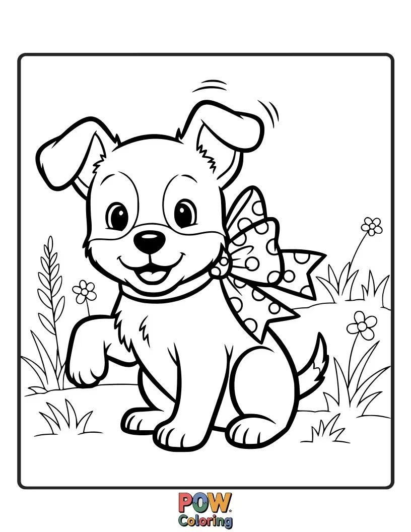 Free coloring page of A wagging tail and floppy ears form a cute bow, with a happy puppy's face peeking out for pure joy.