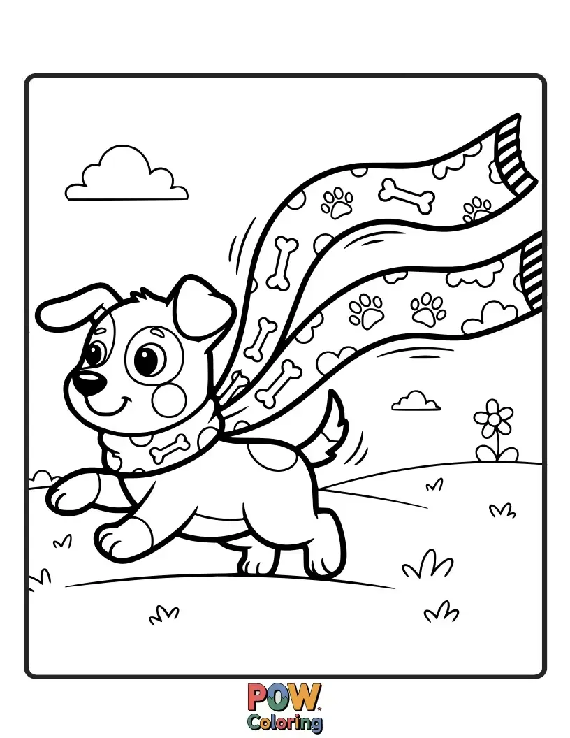 Free coloring page of An energetic puppy tangled in a long, colorful yarn scarf. Capture the joy of a playful pet moment.