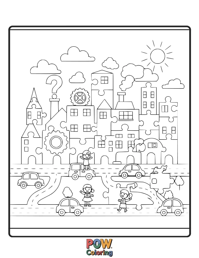 Free coloring page of A cityscape constructed from interlocking puzzle pieces, with vibrant colors and fun shapes. A creatively assembled urban wonder.
