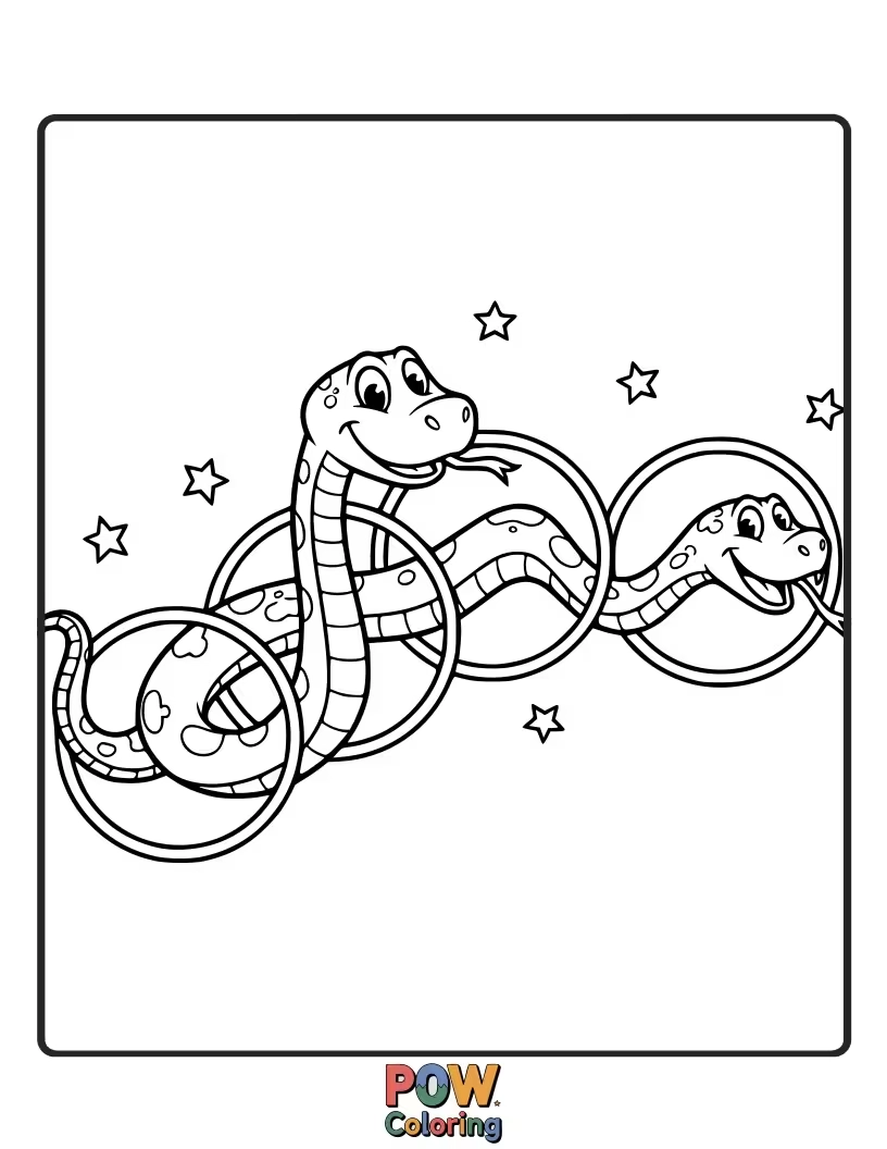 Free coloring page of A playful snake enthusiastically jumping through a hula hoop decorated with flowers.