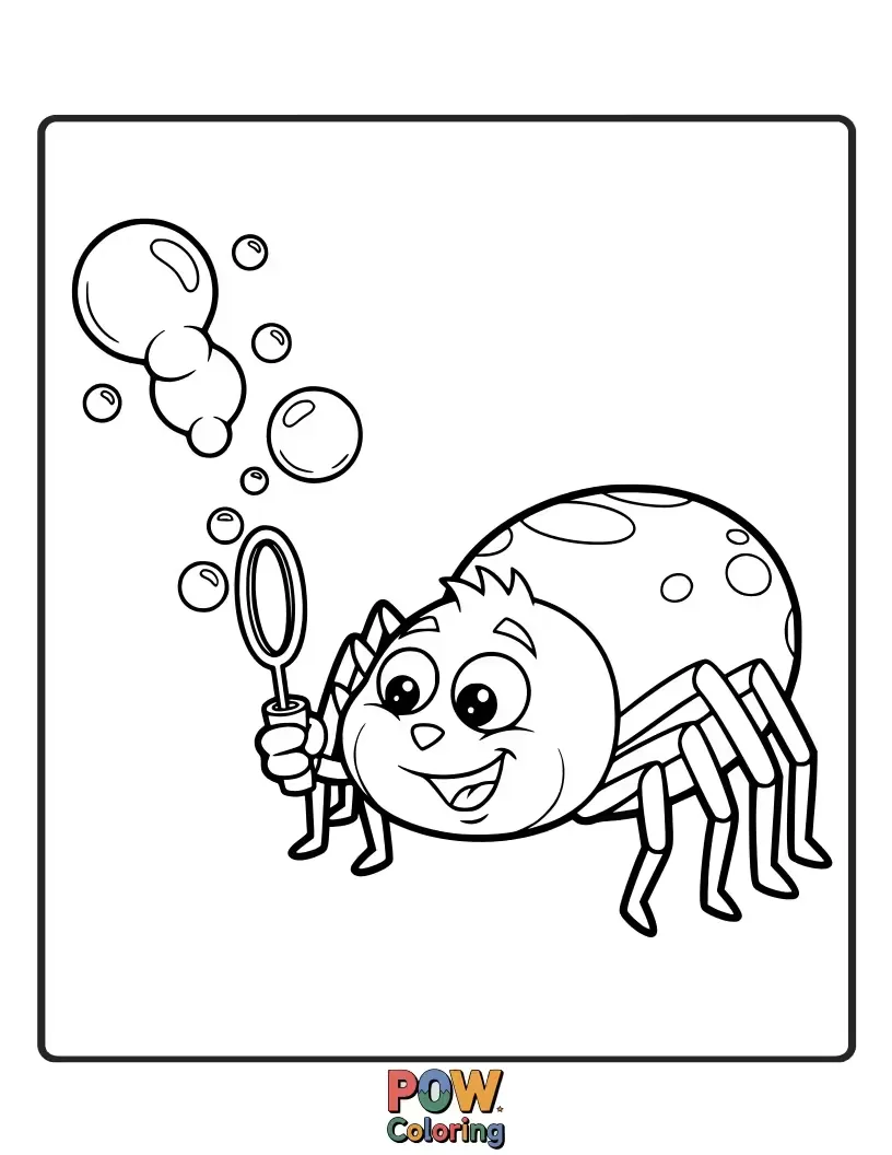 Free coloring page of A happy spider blowing a trail of shimmering bubbles. Encourages light and airy coloring with iridescent touches.