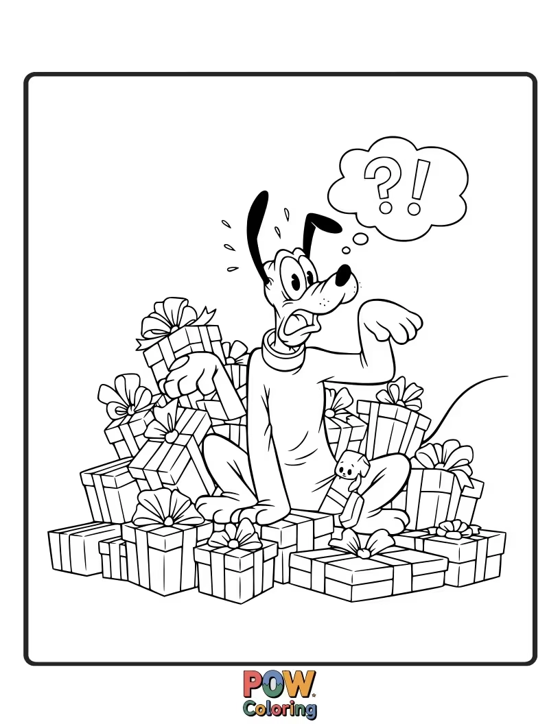 Free coloring page of Pluto excitedly tries to open his giant Christmas present, but it's bigger than he is!