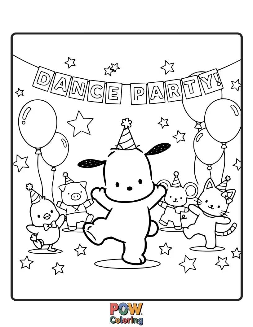 Free coloring page of Pochacco grooving to the music with his friends at a lively party.