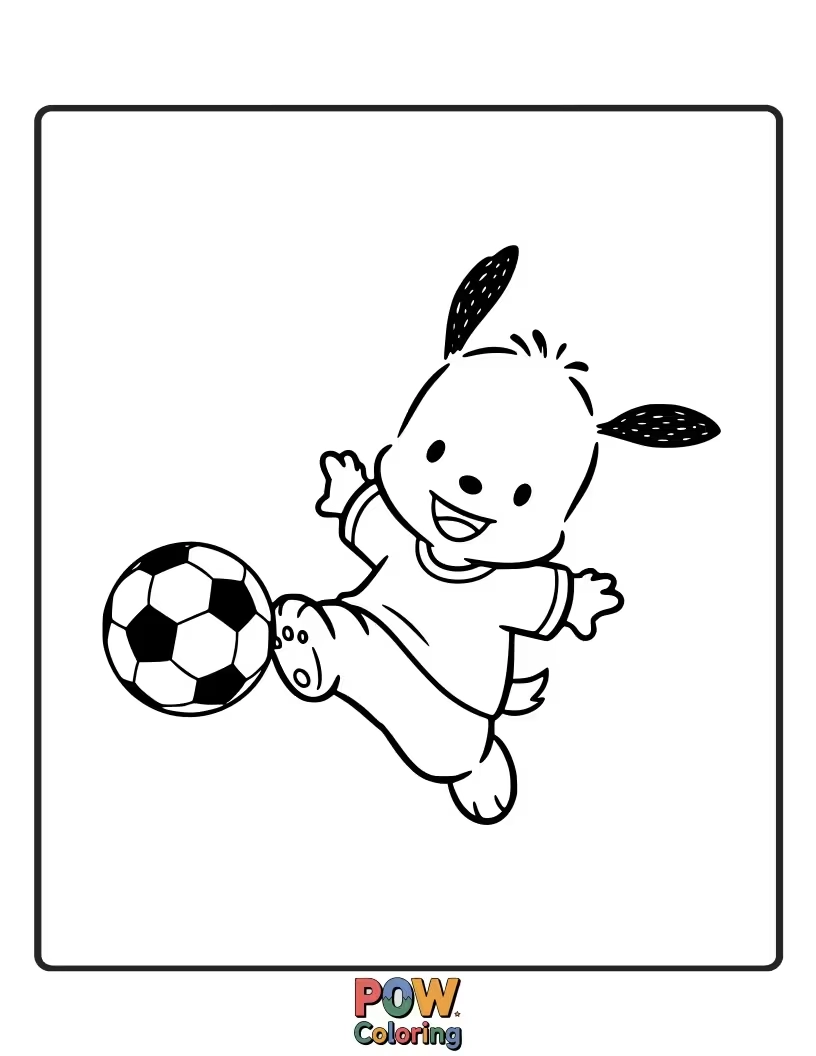 Free coloring page of Pochacco dribbling a soccer ball with his signature energetic smile.