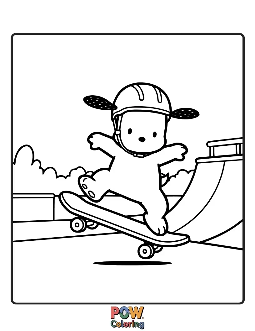 Free coloring page of Pochacco confidently riding a skateboard down a gentle slope.