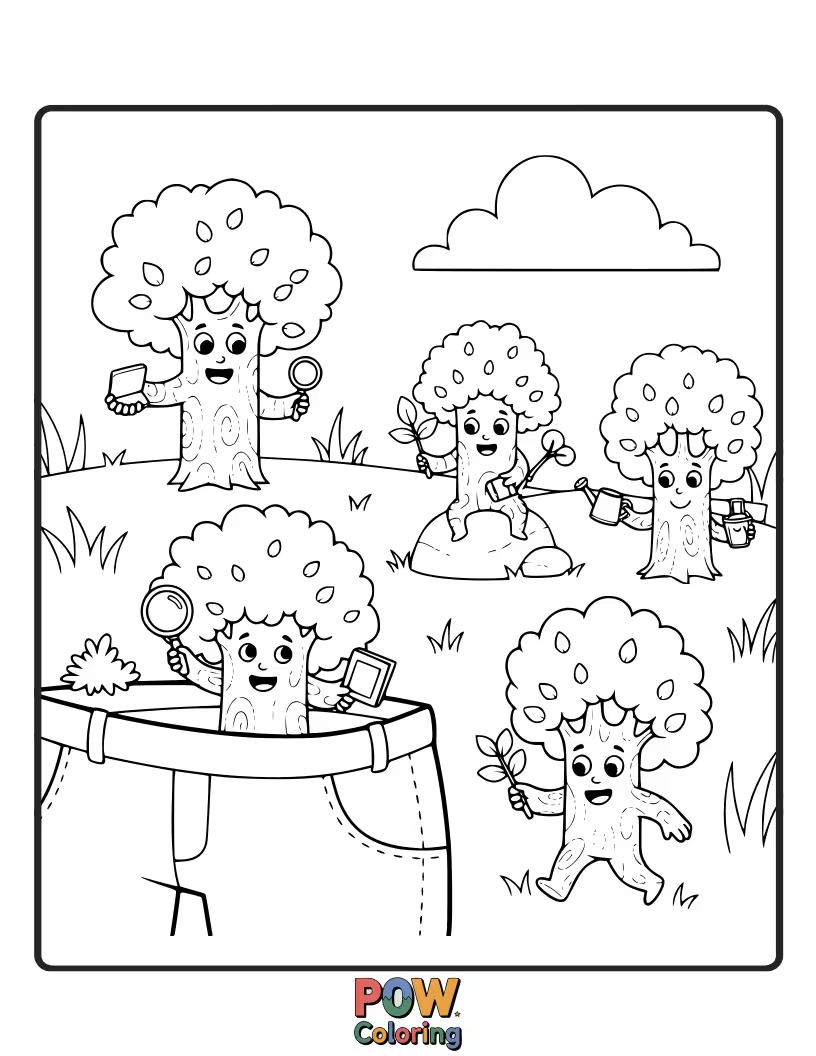 Free coloring page of Miniature trees designed to fit perfectly in your pocket, always ready for a mini adventure.