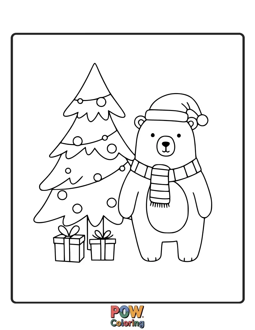 Free coloring page of A friendly polar bear celebrating Christmas in its icy habitat, perhaps with a festive scarf or hat. A cool and unique take.