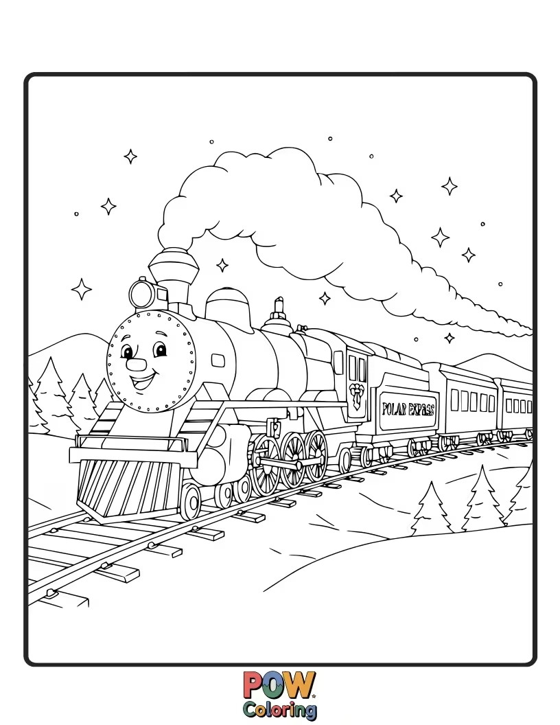 Free coloring page of The magical Polar Express train, ready to take children on an unforgettable journey to the North Pole.