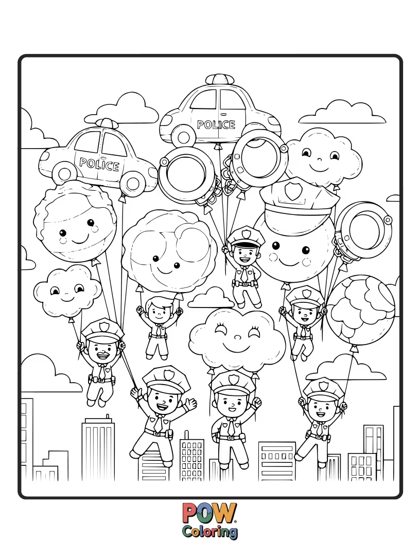 Free coloring page of Police officers riding in a giant police-themed balloon, patrolling from above.