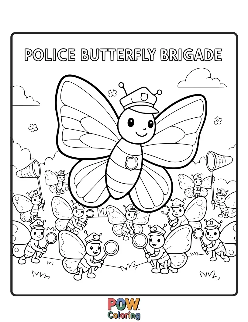 Free coloring page of Graceful butterflies in tiny police uniforms, fluttering around flowers.