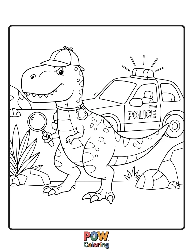 Free coloring page of A friendly dinosaur police officer, investigating mysteries with a big roar!