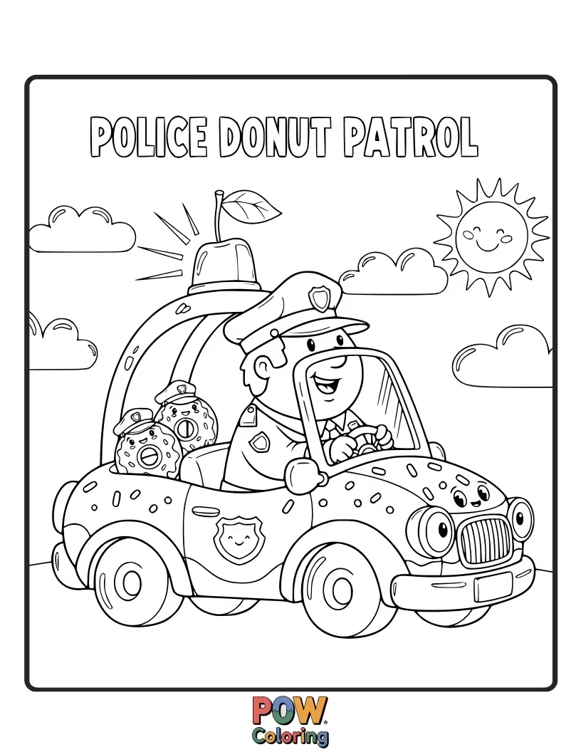 Free coloring page of A cheerful police officer happily guarding a giant, smiling donut.