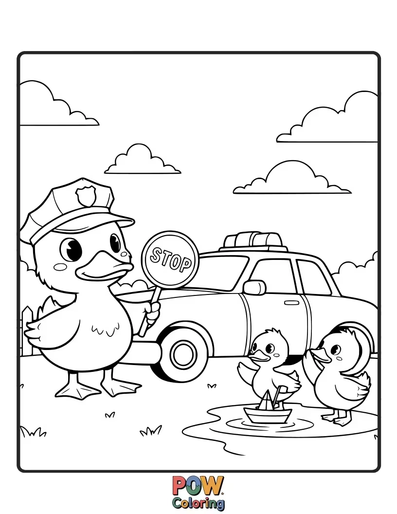 Free coloring page of Adorable ducklings in tiny police hats, marching in a line.