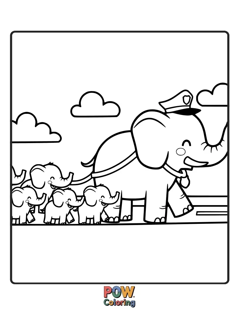 Free coloring page of A gentle giant elephant police officer, calmly guiding smaller animals.