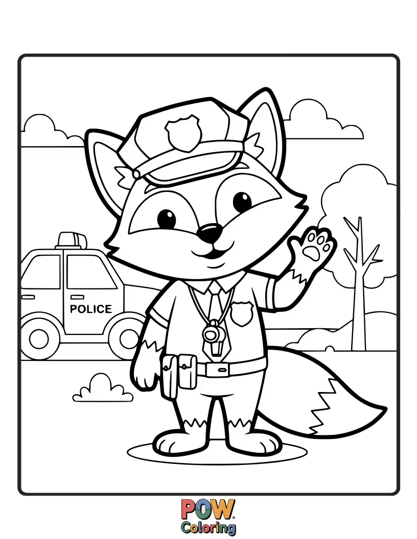 Free coloring page of A cunning but kind fox police officer, helping others with a sly smile.