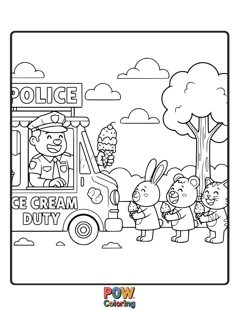 Free coloring page of A friendly police officer serving colorful ice cream cones to happy kids.