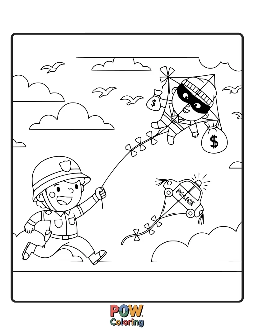 Free coloring page of A playful police officer chasing a mischievous kite in a park.
