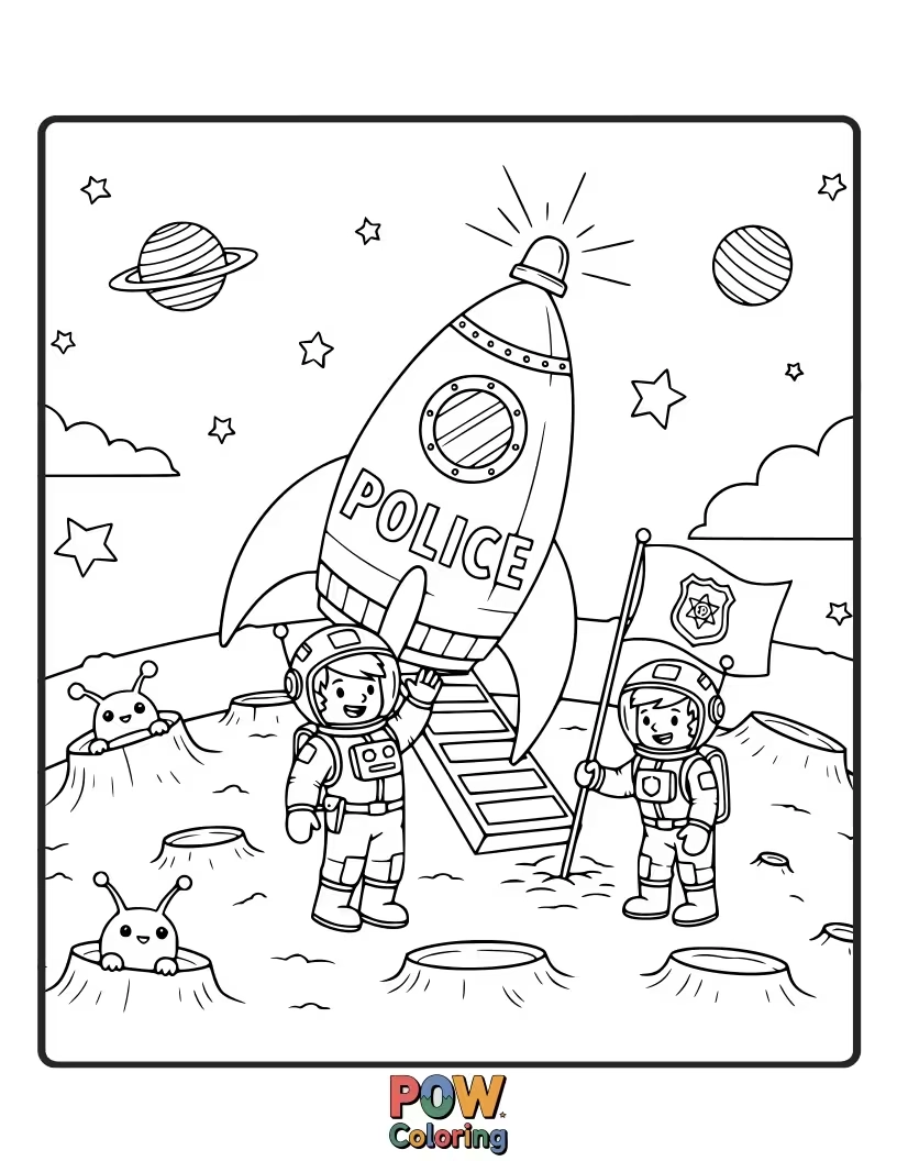 Free coloring page of A police car driving on the moon, with stars and planets all around.