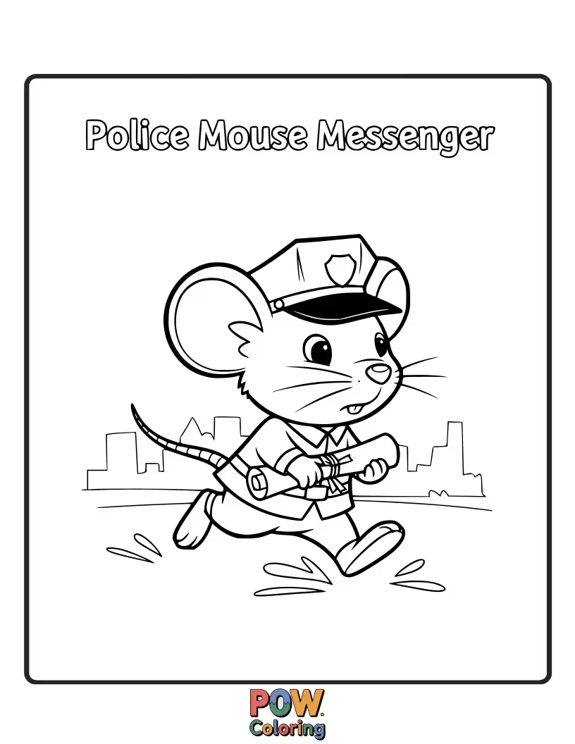 Free coloring page of A tiny mouse police officer, delivering important messages with speed and charm.