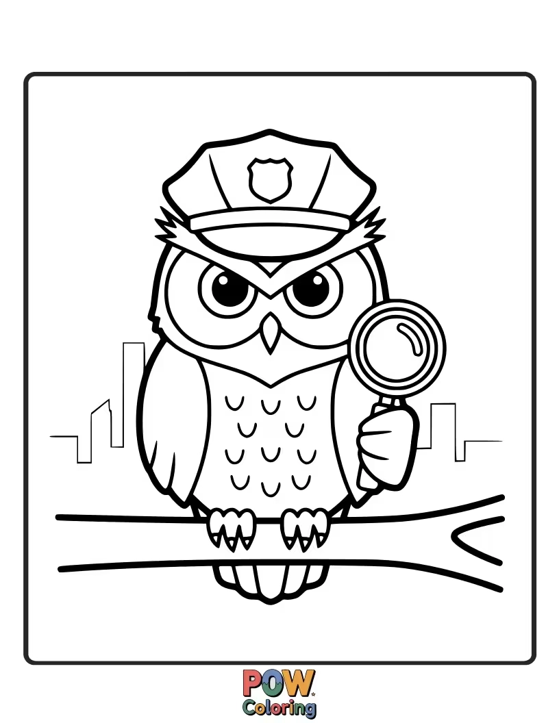 Free coloring page of A wise owl police officer, watching over the forest with keen eyes.