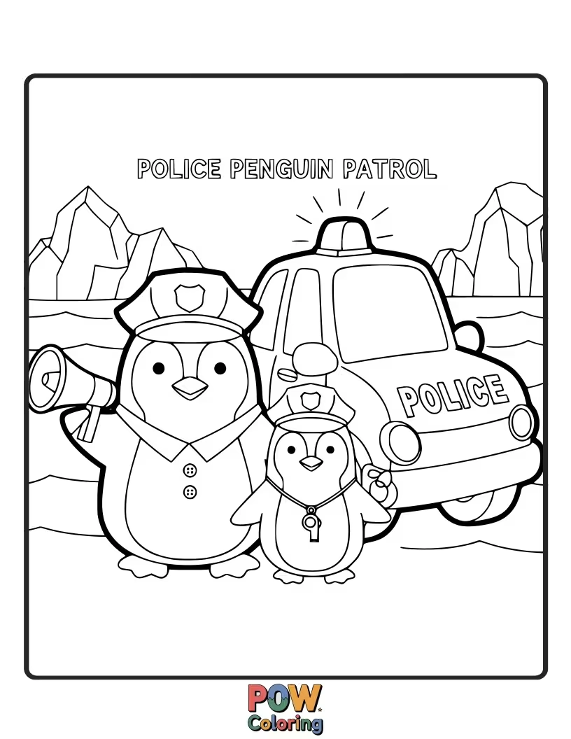 Free coloring page of Cute penguins in police uniforms waddling across an icy landscape.