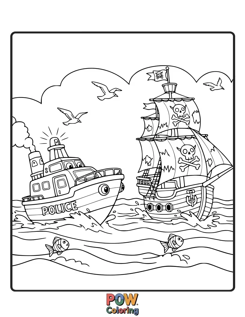 Free coloring page of A funny scene where a police officer is trying to catch a silly pirate with a cookie!