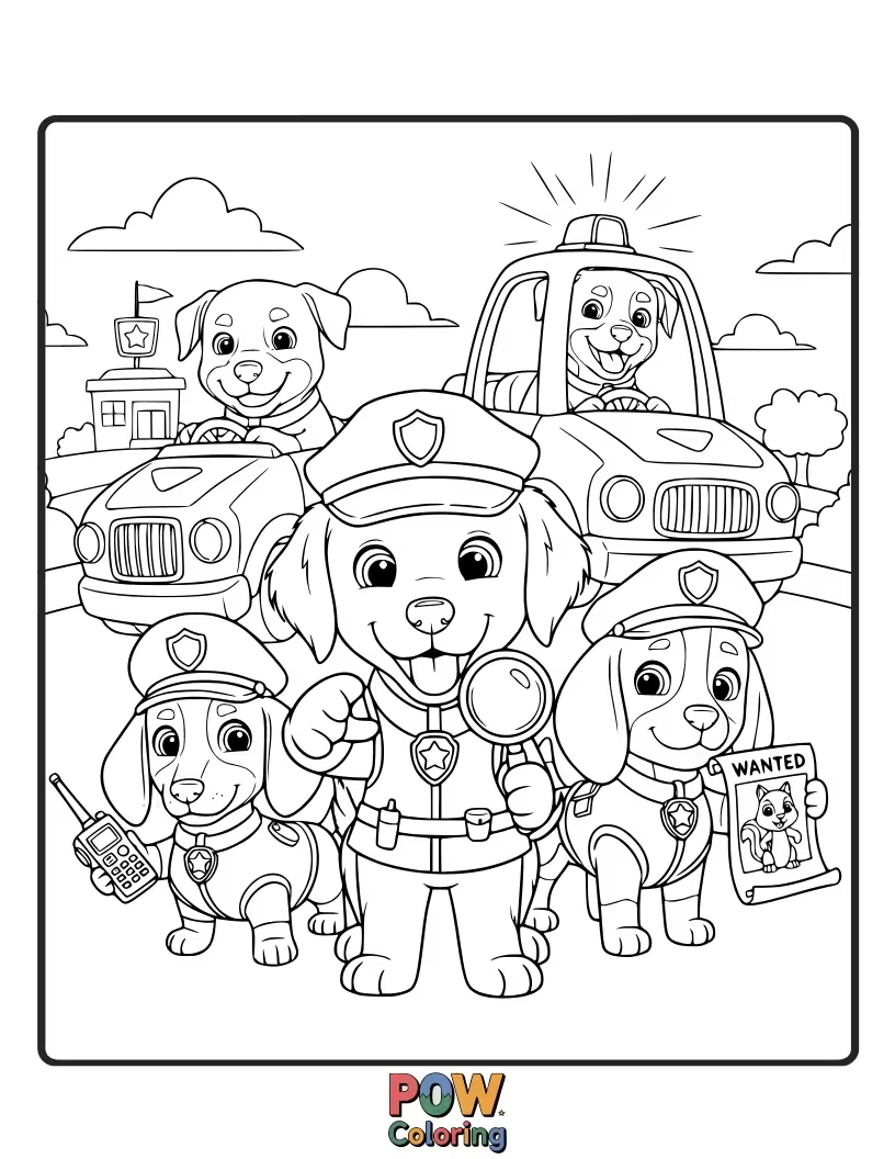 Free coloring page of Adorable puppies in tiny police hats playing with a toy siren.