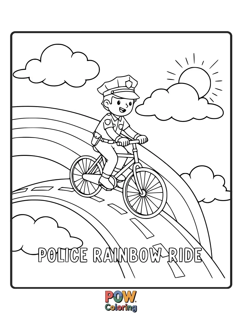 Free coloring page of A police car driving over a vibrant rainbow, spreading joy and order.