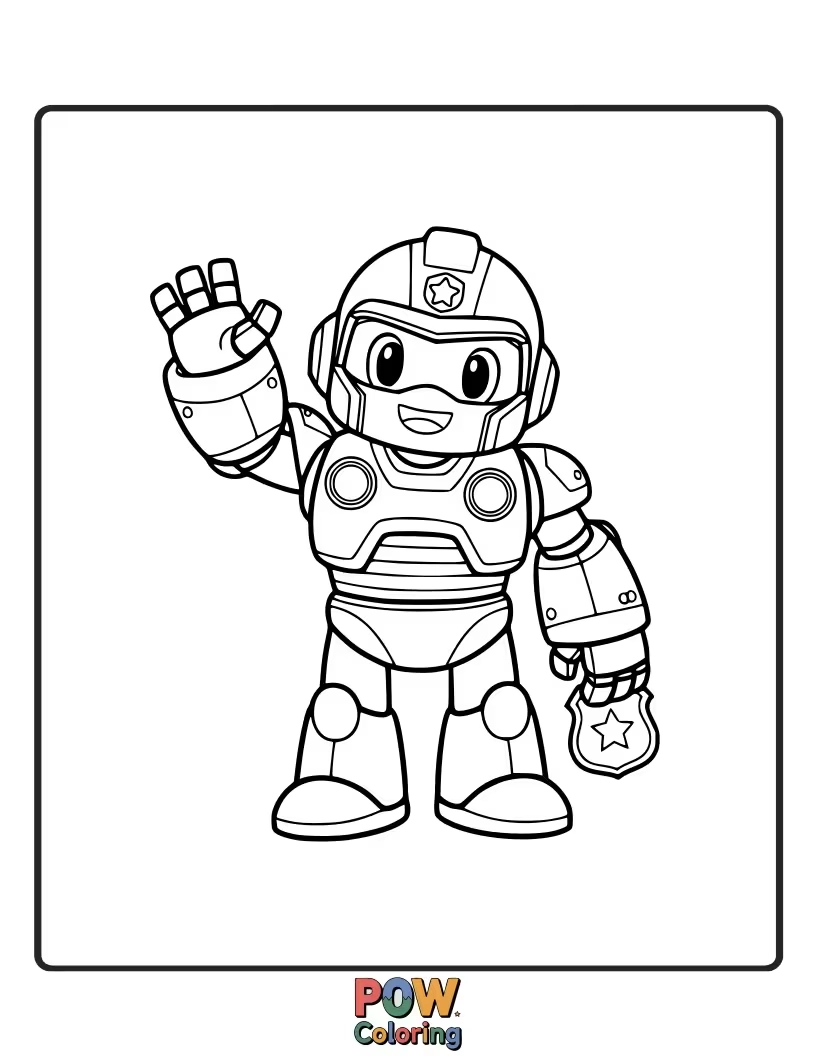 Free coloring page of A friendly robot police officer with flashing lights, patrolling a futuristic city.