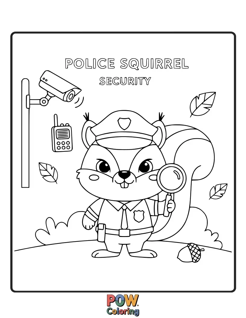 Free coloring page of Energetic squirrels in police vests, guarding a park full of nuts.