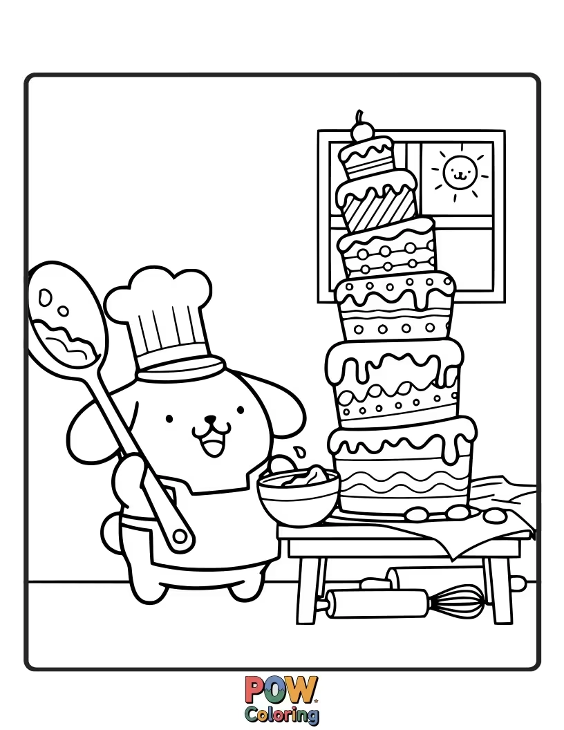 Free coloring page of Join Pompompurin in the kitchen as he bakes a delicious cake, wearing a chef's hat.