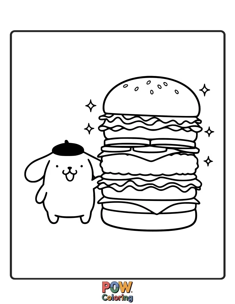 Free coloring page of Pompompurin attempting to devour a comically oversized hamburger, with a mischievous grin and cute smile.