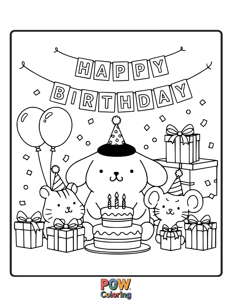 Free coloring page of Pompompurin is surrounded by presents and balloons for his birthday.