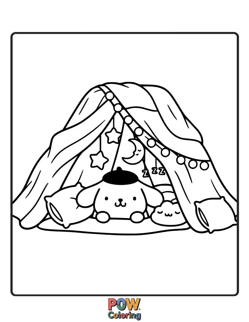 Free coloring page of Pompompurin snuggled inside a fort made of blankets and pillows, illuminated by a string of fairy lights.