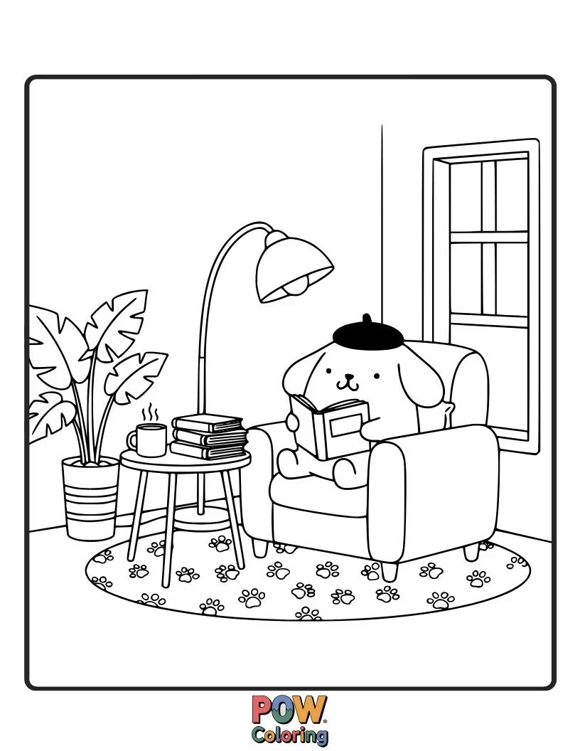 Free coloring page of Pompompurin is curled up with a favorite book in a warm, cozy corner.