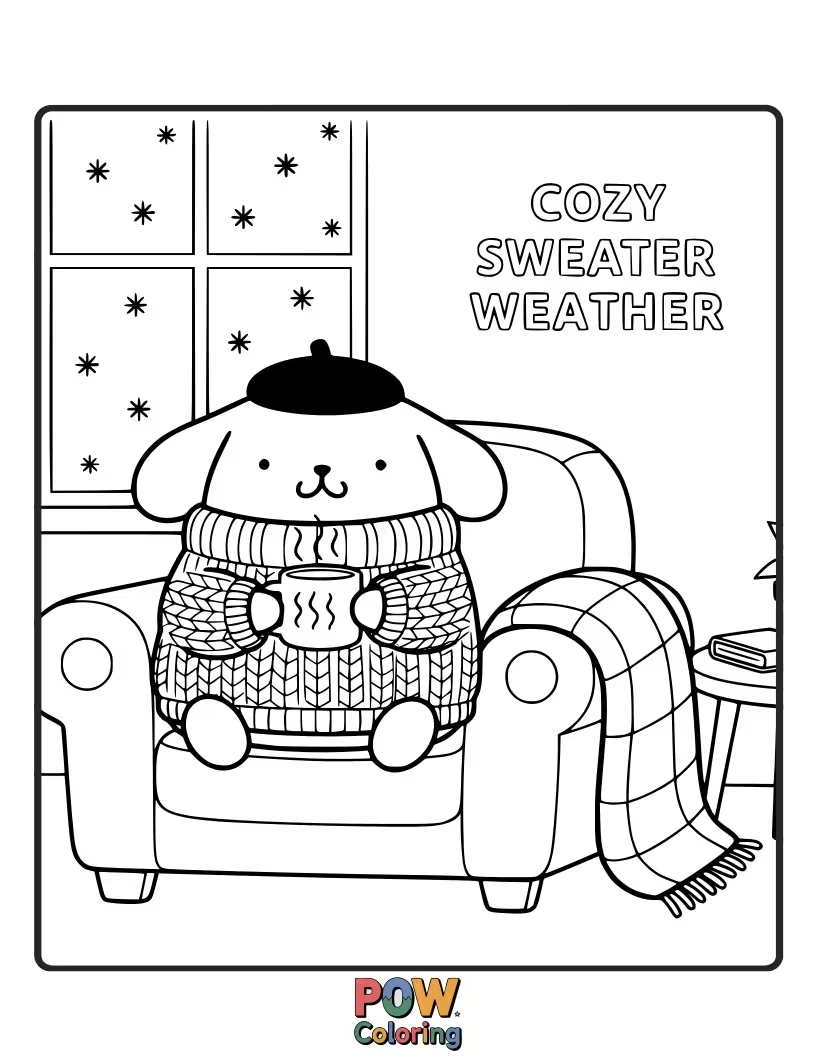 Free coloring page of Pompompurin wears a chunky, knitted sweater, perfect for a cool day.