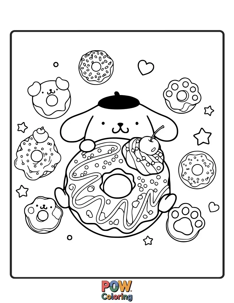 Free coloring page of Pompompurin happily munches on a giant, frosted donut.