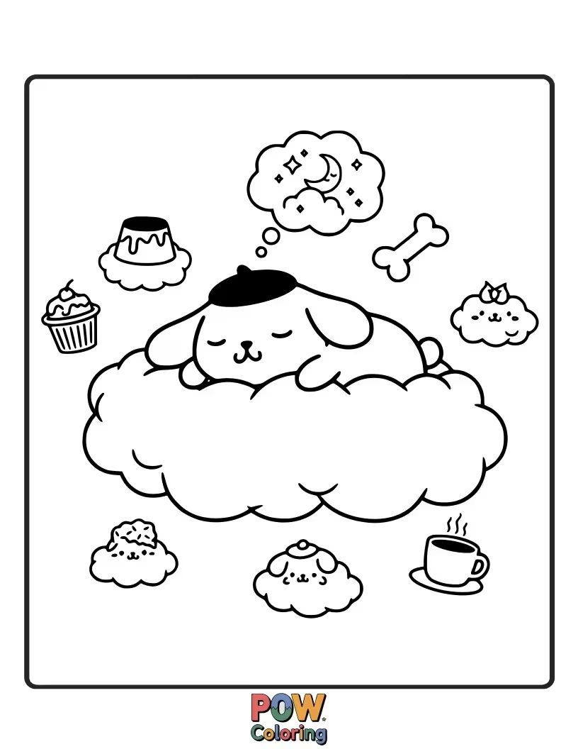 Free coloring page of Pompompurin floats peacefully on a fluffy cloud, gazing at stars.