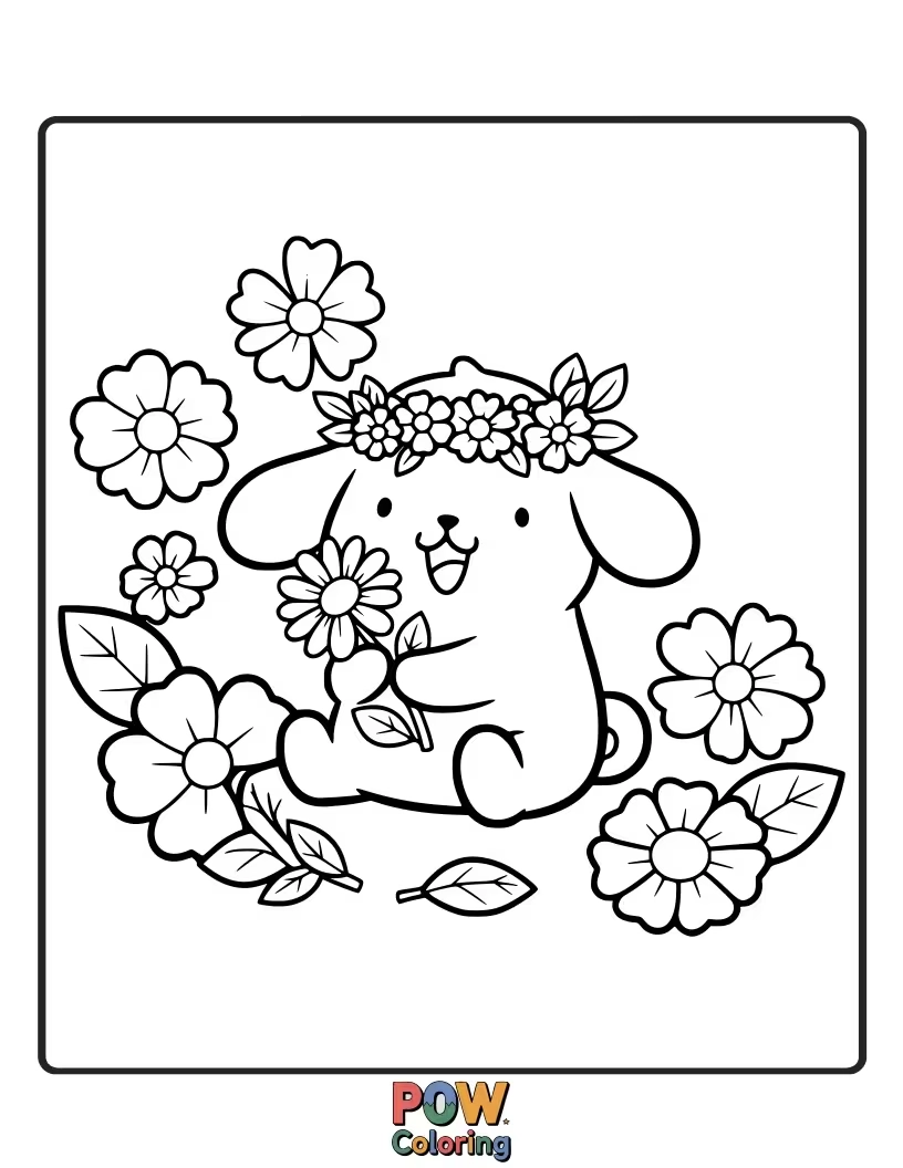 Free coloring page of Pompompurin is busy crafting a beautiful flower crown.