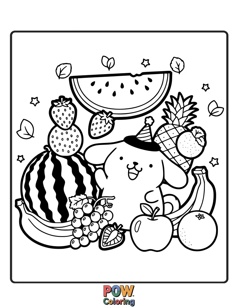 Free coloring page of Pompompurin sat in between of colorful fruits on his head, looking delightfully wobbly and joyful.