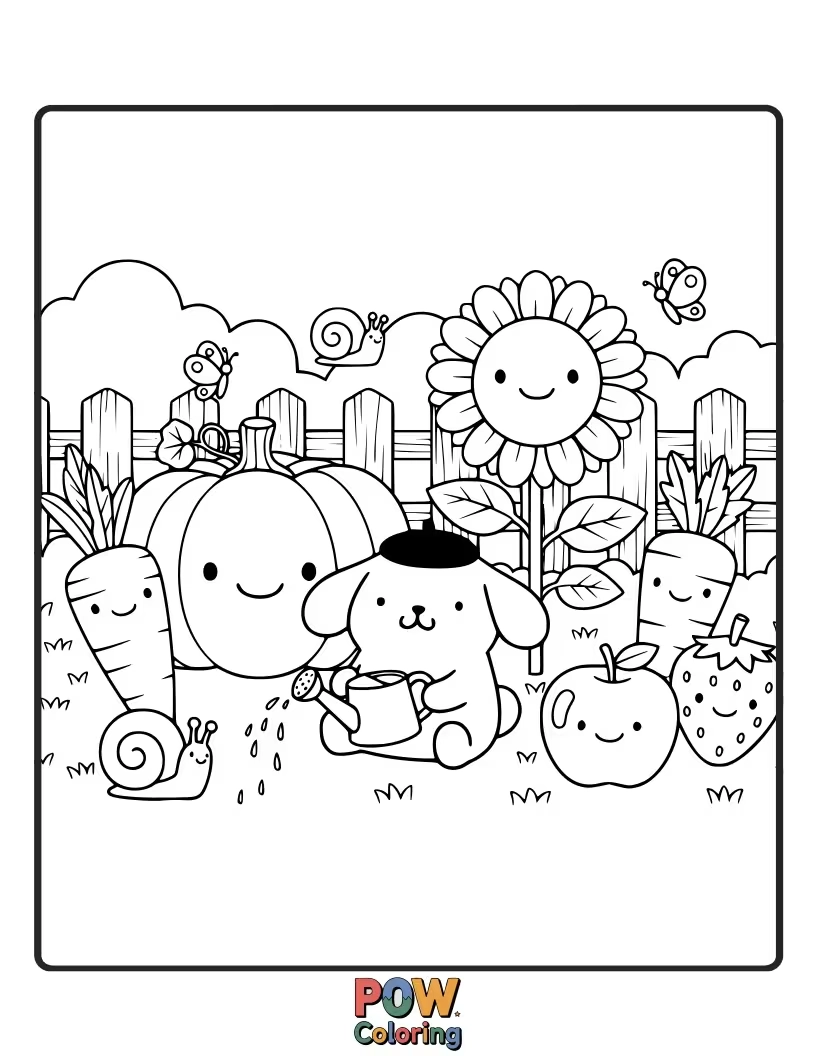 Free coloring page of Help Pompompurin water his blooming garden filled with vibrant flowers.